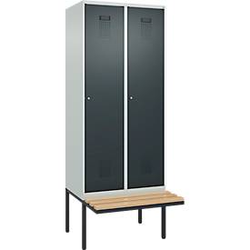 Kleiderspind C+P Evolo Plus, 2 Abteile à 400 mm Breite, schwebende Sitzbank, B 800 x T 815 x H 2120 mm, Zylinder, lichtgrau/anthrazitgrau