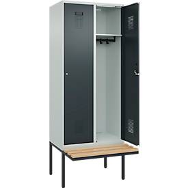 Kleiderspind C+P Evolo Plus, 2 Abteile à 400 mm Breite, schwebende Sitzbank, B 800 x T 815 x H 2120 mm, Zylinder, lichtgrau/anthrazitgrau