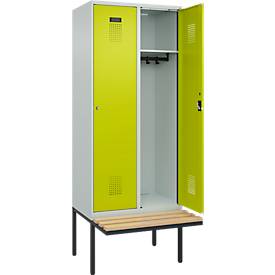 Kleiderspind C+P Evolo Plus, 2 Abteile à 400 mm Breite, schwebende Sitzbank, B 800 x T 815 x H 2120 mm, Zylinder, lichtgrau/clowngrün