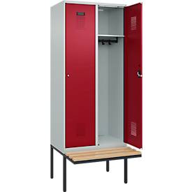 Kleiderspind C+P Evolo Plus, 2 Abteile à 400 mm Breite, schwebende Sitzbank, B 800 x T 815 x H 2120 mm, Zylinder, lichtgrau/rubinrot