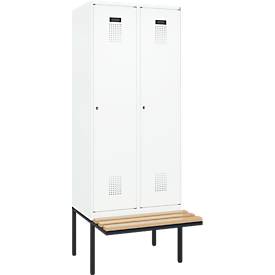 Kleiderspind C+P Evolo Plus, 2 Abteile à 400 mm Breite, schwebende Sitzbank, B 800 x T 815 x H 2120 mm, Zylinder, verkehrsweiß/verkehrsweiß