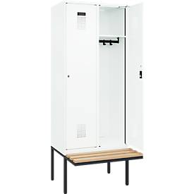 Kleiderspind C+P Evolo Plus, 2 Abteile à 400 mm Breite, schwebende Sitzbank, B 800 x T 815 x H 2120 mm, Zylinder, verkehrsweiß/verkehrsweiß