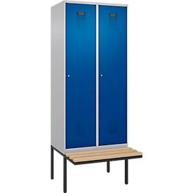 Kleiderspind C+P Evolo Plus, 2 Abteile à 400 mm Breite, schwebende Sitzbank, B 800 x T 815 x H 2120 mm, Zylinder, weißaluminium/enzianblau