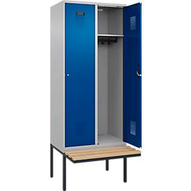 Kleiderspind C+P Evolo Plus, 2 Abteile à 400 mm Breite, schwebende Sitzbank, B 800 x T 815 x H 2120 mm, Zylinder, weißaluminium/enzianblau