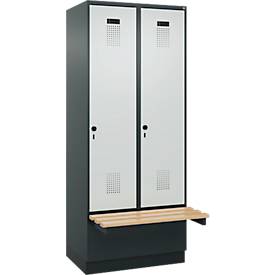 Kleiderspind C+P Evolo Plus, 2 Abteile à 400 mm Breite, Sockel, schwebende Sitzbank, B 800 x T 815 x H 1950 mm, Drehriegel, anthrazitgrau/lichtgrau