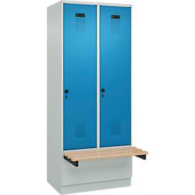 Kleiderspind C+P Evolo Plus, 2 Abteile à 400 mm Breite, Sockel, schwebende Sitzbank, B 800 x T 815 x H 1950 mm, Drehriegel, lichtgrau/lichtblau