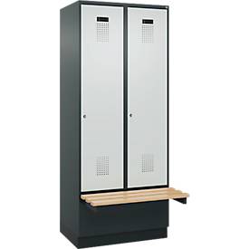 Kleiderspind C+P Evolo Plus, 2 Abteile à 400 mm Breite, Sockel, schwebende Sitzbank, B 800 x T 815 x H 1950 mm, Zylinder, anthrazitgrau/lichtgrau