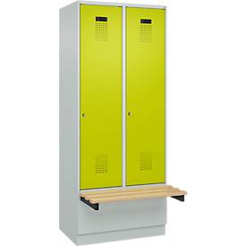 Kleiderspind C+P Evolo Plus, 2 Abteile à 400 mm Breite, Sockel, schwebende Sitzbank, B 800 x T 815 x H 1950 mm, Zylinder, lichtgrau/clowngrün