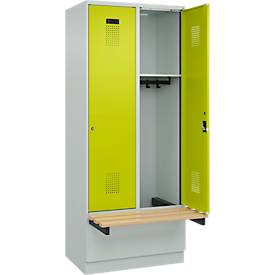 Kleiderspind C+P Evolo Plus, 2 Abteile à 400 mm Breite, Sockel, schwebende Sitzbank, B 800 x T 815 x H 1950 mm, Zylinder, lichtgrau/clowngrün