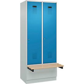 Kleiderspind C+P Evolo Plus, 2 Abteile à 400 mm Breite, Sockel, schwebende Sitzbank, B 800 x T 815 x H 1950 mm, Zylinder, lichtgrau/lichtblau