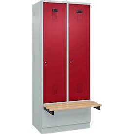 Kleiderspind C+P Evolo Plus, 2 Abteile à 400 mm Breite, Sockel, schwebende Sitzbank, B 800 x T 815 x H 1950 mm, Zylinder, lichtgrau/rubinrot