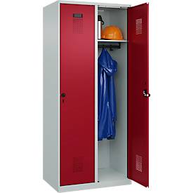 Kleiderspind C+P Evolo Plus, 2 Abteile, Anschlag rechts, Sicherheits-Drehriegel, B 800 x T 500 x H 1850 mm, lichtgrau/rubinrot