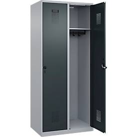 Kleiderspind C+P Evolo Plus, 2 Abteile, Anschlag rechts, Sicherheits-Drehriegel, B 800 x T 500 x H 1850 mm, weißaluminium/anthrazitgrau