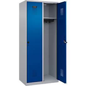 Kleiderspind C+P Evolo Plus, 2 Abteile, Anschlag rechts, Sicherheits-Drehriegel, B 800 x T 500 x H 1850 mm, weißaluminium/enzianblau