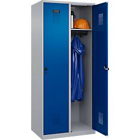 Kleiderspind C+P Evolo Plus, 2 Abteile, Anschlag rechts, Sicherheits-Drehriegel, B 800 x T 500 x H 1850 mm, weißaluminium/enzianblau