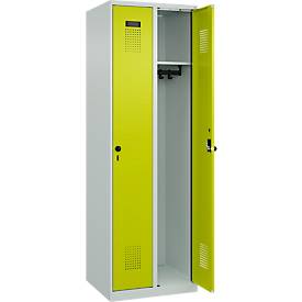 Kleiderspind C+P Evolo Plus, 2 Abteile, Anschlag rechts, Sicherheits-Drehriegel, Soft-Anschlag, B 600 x T 500 x H 1850 mm, lichtgrau/clowngrün