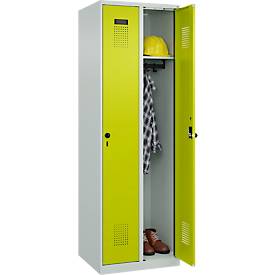 Kleiderspind C+P Evolo Plus, 2 Abteile, Anschlag rechts, Sicherheits-Drehriegel, Soft-Anschlag, B 600 x T 500 x H 1850 mm, lichtgrau/clowngrün