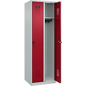 Kleiderspind C+P Evolo Plus, 2 Abteile, Anschlag rechts, Sicherheits-Drehriegel, Soft-Anschlag, B 600 x T 500 x H 1850 mm, lichtgrau/rubinrot