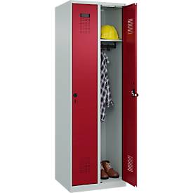Kleiderspind C+P Evolo Plus, 2 Abteile, Anschlag rechts, Sicherheits-Drehriegel, Soft-Anschlag, B 600 x T 500 x H 1850 mm, lichtgrau/rubinrot
