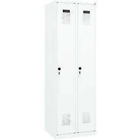 Kleiderspind C+P Evolo Plus, 2 Abteile, Anschlag rechts, Sicherheits-Drehriegel, Soft-Anschlag, B 600 x T 500 x H 1850 mm, verkehrsweiß/verkehrsweiß