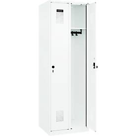 Kleiderspind C+P Evolo Plus, 2 Abteile, Anschlag rechts, Sicherheits-Drehriegel, Soft-Anschlag, B 600 x T 500 x H 1850 mm, verkehrsweiß/verkehrsweiß