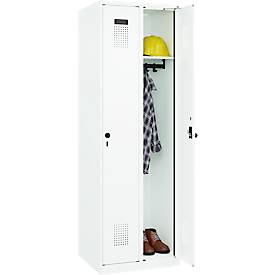Kleiderspind C+P Evolo Plus, 2 Abteile, Anschlag rechts, Sicherheits-Drehriegel, Soft-Anschlag, B 600 x T 500 x H 1850 mm, verkehrsweiß/verkehrsweiß