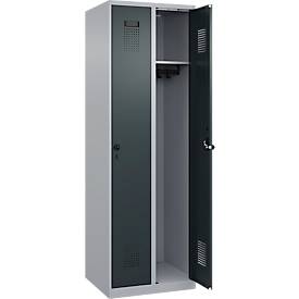 Kleiderspind C+P Evolo Plus, 2 Abteile, Anschlag rechts, Sicherheits-Drehriegel, Soft-Anschlag, B 600 x T 500 x H 1850 mm, weißaluminium/anthrazitgrau