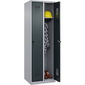 Kleiderspind C+P Evolo Plus, 2 Abteile, Anschlag rechts, Sicherheits-Drehriegel, Soft-Anschlag, B 600 x T 500 x H 1850 mm, weißaluminium/anthrazitgrau