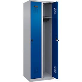 Kleiderspind C+P Evolo Plus, 2 Abteile, Anschlag rechts, Sicherheits-Drehriegel, Soft-Anschlag, B 600 x T 500 x H 1850 mm, weißaluminium/enzianblau