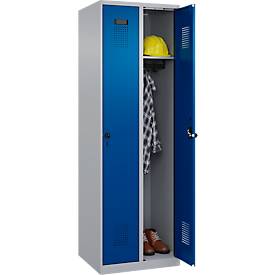 Kleiderspind C+P Evolo Plus, 2 Abteile, Anschlag rechts, Sicherheits-Drehriegel, Soft-Anschlag, B 600 x T 500 x H 1850 mm, weißaluminium/enzianblau