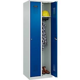 Kleiderspind C+P Evolo Plus, 2 Abteile, Anschlag rechts, Zylinderschloss, Soft-Anschlag, B 600 x T 500 x H 1850 mm, lichtgrau/enzianblau
