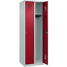 Kleiderspind C+P Evolo Plus, 2 Abteile, Anschlag rechts, Zylinderschloss, Soft-Anschlag, B 600 x T 500 x H 1850 mm, lichtgrau/rubinrot