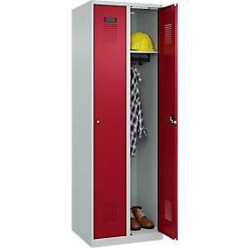 Kleiderspind C+P Evolo Plus, 2 Abteile, Anschlag rechts, Zylinderschloss, Soft-Anschlag, B 600 x T 500 x H 1850 mm, lichtgrau/rubinrot
