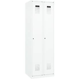Kleiderspind C+P Evolo Plus, 2 Abteile, Anschlag rechts, Zylinderschloss, Soft-Anschlag, B 600 x T 500 x H 1850 mm, verkehrsweiß/verkehrsweiß