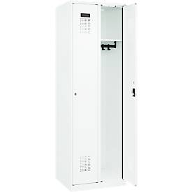 Kleiderspind C+P Evolo Plus, 2 Abteile, Anschlag rechts, Zylinderschloss, Soft-Anschlag, B 600 x T 500 x H 1850 mm, verkehrsweiß/verkehrsweiß