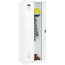 Kleiderspind C+P Evolo Plus, 2 Abteile, Anschlag rechts, Zylinderschloss, Soft-Anschlag, B 600 x T 500 x H 1850 mm, verkehrsweiß/verkehrsweiß