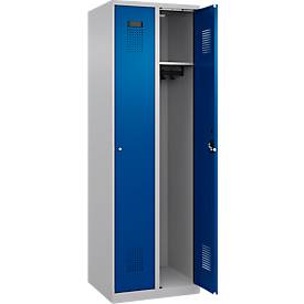 Kleiderspind C+P Evolo Plus, 2 Abteile, Anschlag rechts, Zylinderschloss, Soft-Anschlag, B 600 x T 500 x H 1850 mm, weißaluminium/enzianblau