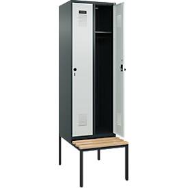 Kleiderspind C+P Evolo Plus, 2 Abteile mit je 300 mm Breite, Unterbau-Sitzbank, B 600 x T 815 x H 2120 mm, Drehriegel, anthrazitgrau/lichtgrau