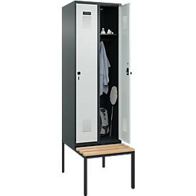 Kleiderspind C+P Evolo Plus, 2 Abteile mit je 300 mm Breite, Unterbau-Sitzbank, B 600 x T 815 x H 2120 mm, Drehriegel, anthrazitgrau/lichtgrau