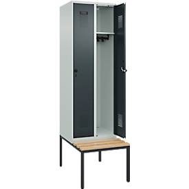 Kleiderspind C+P Evolo Plus, 2 Abteile mit je 300 mm Breite, Unterbau-Sitzbank, B 600 x T 815 x H 2120 mm, Drehriegel, lichtgrau/anthrazitgrau