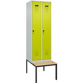 Kleiderspind C+P Evolo Plus, 2 Abteile mit je 300 mm Breite, Unterbau-Sitzbank, B 600 x T 815 x H 2120 mm, Drehriegel, lichtgrau/clowngrün