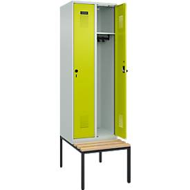 Kleiderspind C+P Evolo Plus, 2 Abteile mit je 300 mm Breite, Unterbau-Sitzbank, B 600 x T 815 x H 2120 mm, Drehriegel, lichtgrau/clowngrün