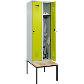 Kleiderspind C+P Evolo Plus, 2 Abteile mit je 300 mm Breite, Unterbau-Sitzbank, B 600 x T 815 x H 2120 mm, Drehriegel, lichtgrau/clowngrün