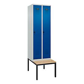 Kleiderspind C+P Evolo Plus, 2 Abteile mit je 300 mm Breite, Unterbau-Sitzbank, B 600 x T 815 x H 2120 mm, Drehriegel, lichtgrau/enzianblau