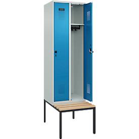 Kleiderspind C+P Evolo Plus, 2 Abteile mit je 300 mm Breite, Unterbau-Sitzbank, B 600 x T 815 x H 2120 mm, Drehriegel, lichtgrau/lichtblau
