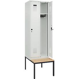 Kleiderspind C+P Evolo Plus, 2 Abteile mit je 300 mm Breite, Unterbau-Sitzbank, B 600 x T 815 x H 2120 mm, Drehriegel, lichtgrau/lichtgrau