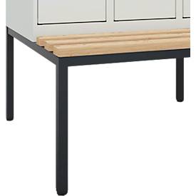 Kleiderspind C+P Evolo Plus, 2 Abteile mit je 300 mm Breite, Unterbau-Sitzbank, B 600 x T 815 x H 2120 mm, Drehriegel, lichtgrau/lichtgrau