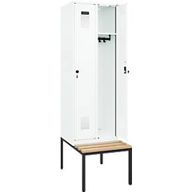 Kleiderspind C+P Evolo Plus, 2 Abteile mit je 300 mm Breite, Unterbau-Sitzbank, B 600 x T 815 x H 2120 mm, Drehriegel, verkehrsweiß/verkehrsweiß