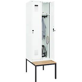 Kleiderspind C+P Evolo Plus, 2 Abteile mit je 300 mm Breite, Unterbau-Sitzbank, B 600 x T 815 x H 2120 mm, Drehriegel, verkehrsweiß/verkehrsweiß