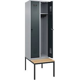 Kleiderspind C+P Evolo Plus, 2 Abteile mit je 300 mm Breite, Unterbau-Sitzbank, B 600 x T 815 x H 2120 mm, Drehriegel, weißaluminium/anthrazitgrau